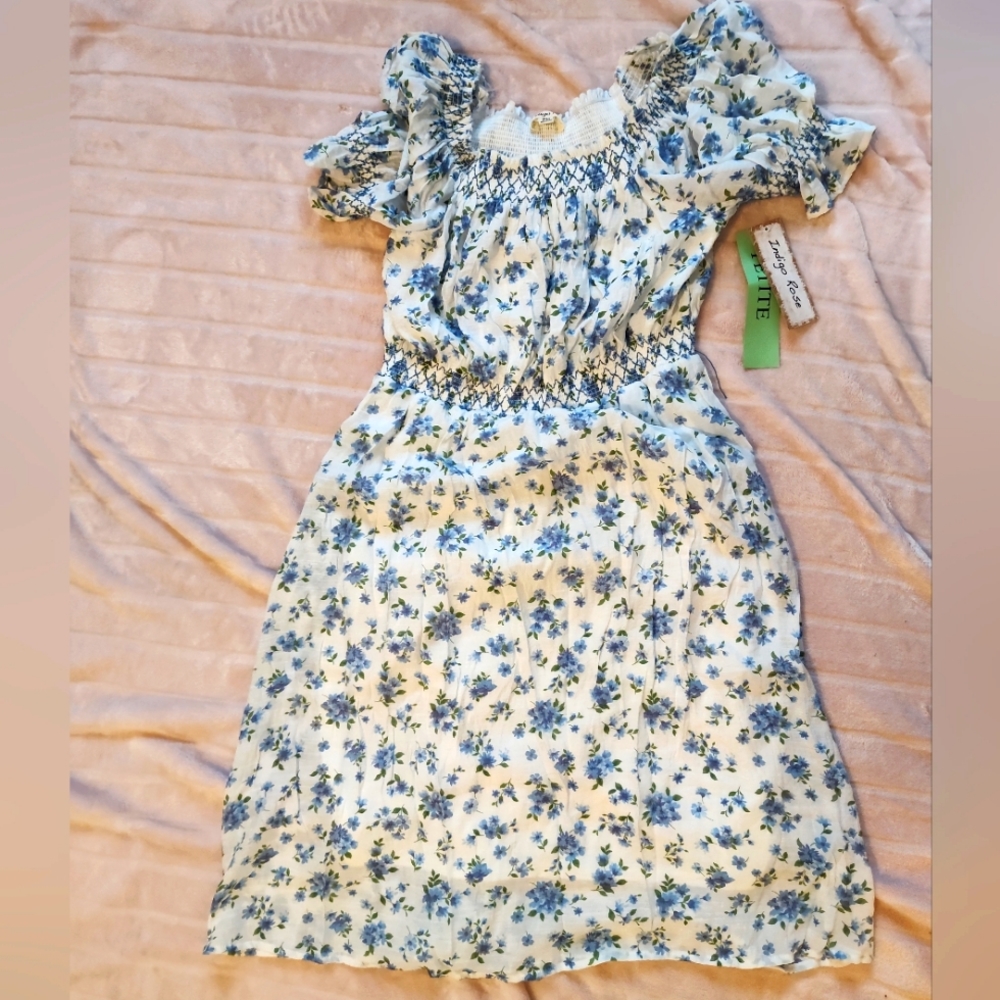 Indigo Rose Dress - Blue flower print - petite medium